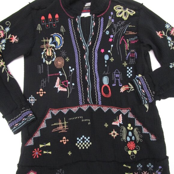 Floral Embroidery Tunic Top Black Cotton Gauze Bohemian - Picture 4 of 15